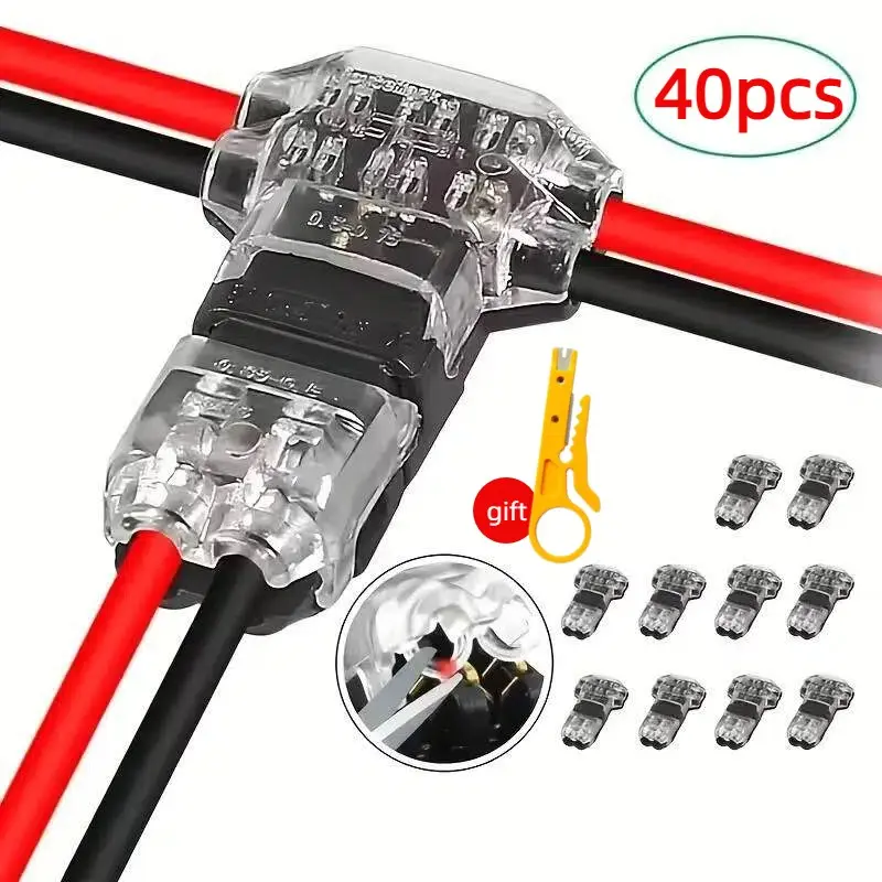 40pcs T2 Quick Connector Terminal, T 2 Pins Wire Splice Connectors, Solderless No Stripping 3 Way Wire Connectors, Solderless Crimp Connectors, Crimp Terminals, Durable Connectors for LED Strip Automotive, Universal Connector