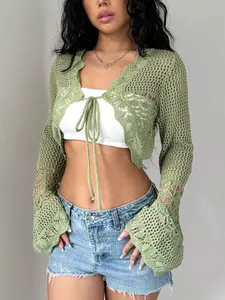 Women's Summer Casual Solid Color Hollow Knitted Cropped Cardigan,Long Sleeve Tops Knitting Comfort