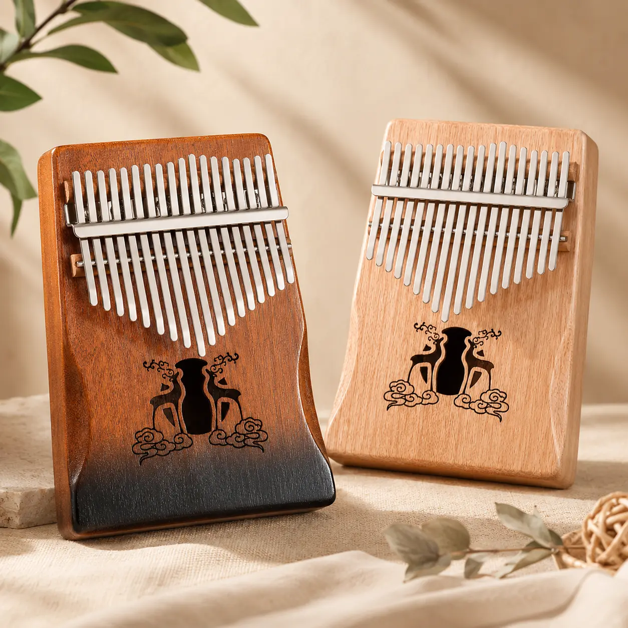 17 Key Mahogany Kalimba Deer Design Wooden Thumb Piano Gift