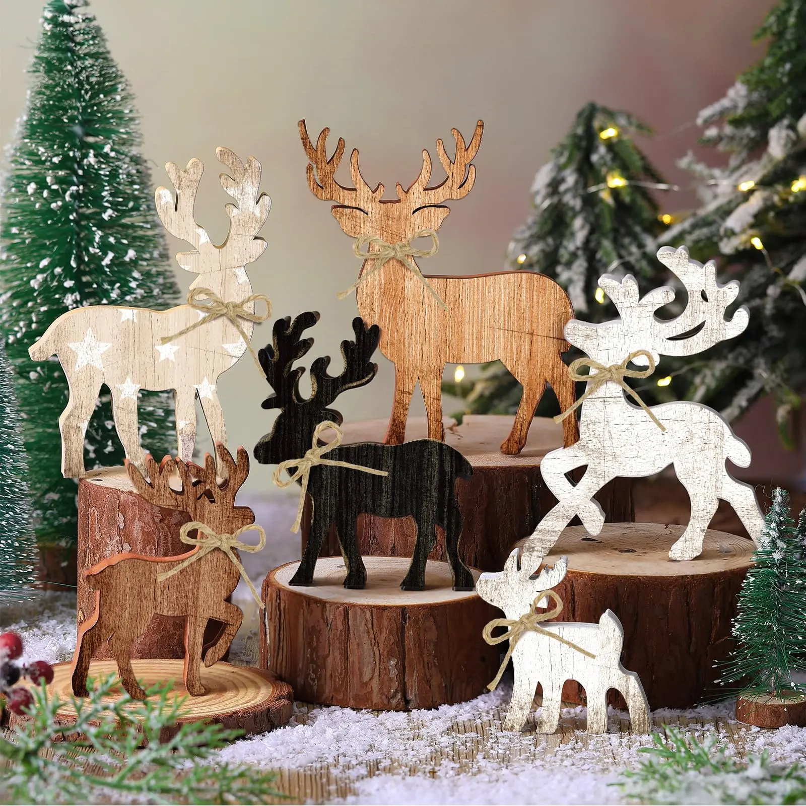Set of 6 wooden farmhouse Christmas dining table decorations: centerpieces for the table, including a rustic Christmas tree house ornament, reindeer/elk design, angel motif, snowflake accents, and wooden sign blocks with tiered trays—perfect for holiday g