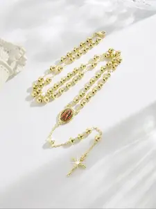 Vintage Virgin Mary Prayer Bead Necklace, 24 Inch Jesus Cross Pendant, Christian Holiday Blessing Party Jewelry, Exquisite Jewelry Gift, Dainty Cross Necklace