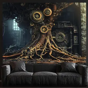 1pc 2D Flat Large Steampunk Gear Tree Tapestry - Intricate Mechanical Roots Design Polyester Photography Backdrop for Living Room Bedroom Office Decor - Industrial Aesthetic Home Decoration White