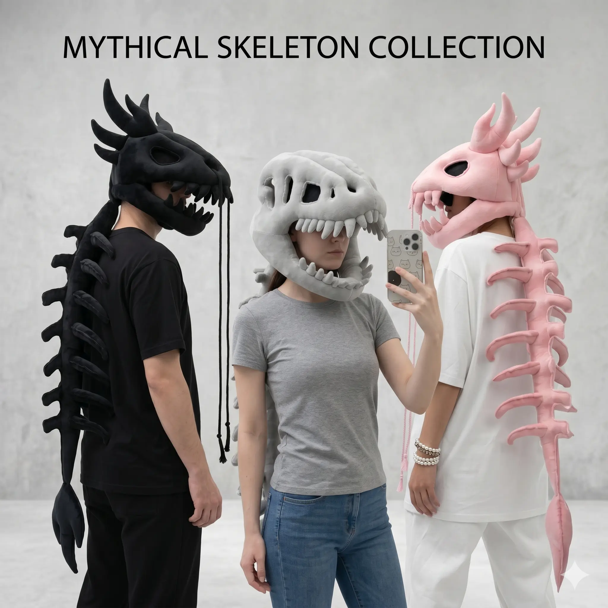 Kids' Novelty Dinosaur-Dragon Skeleton Matching Costume - Soft Lightweight Polyester-Cotton, 3D Black/Pink Skull Plush Hat with Attached Spine & Tail, Parent-Child Halloween Prop for Family Videos (Not a Hoodie)