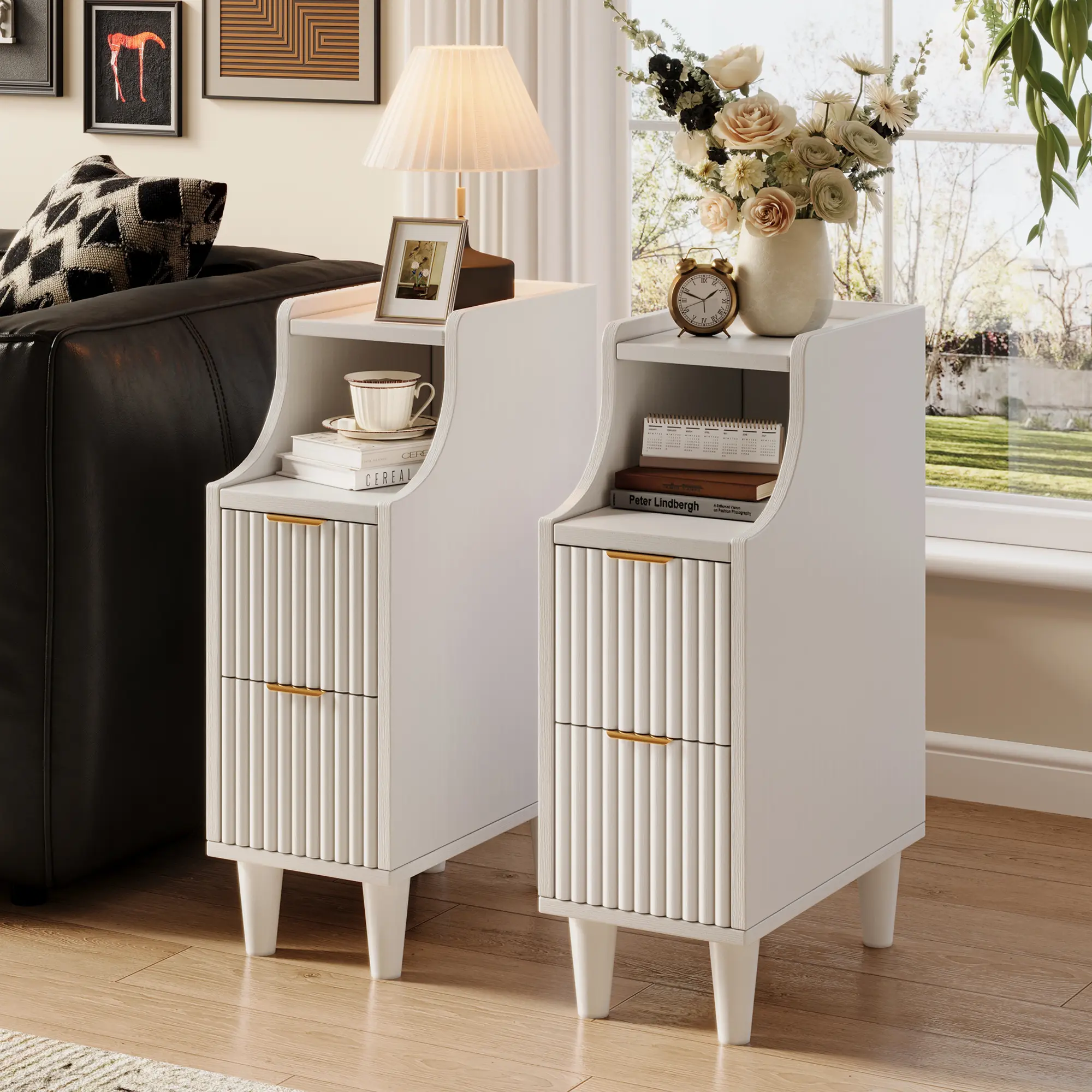 White Small Nightstand with Drawers,Solid Wood Bedside Table,Narrow Walnut Nightstand for Bedroom large vanity table
