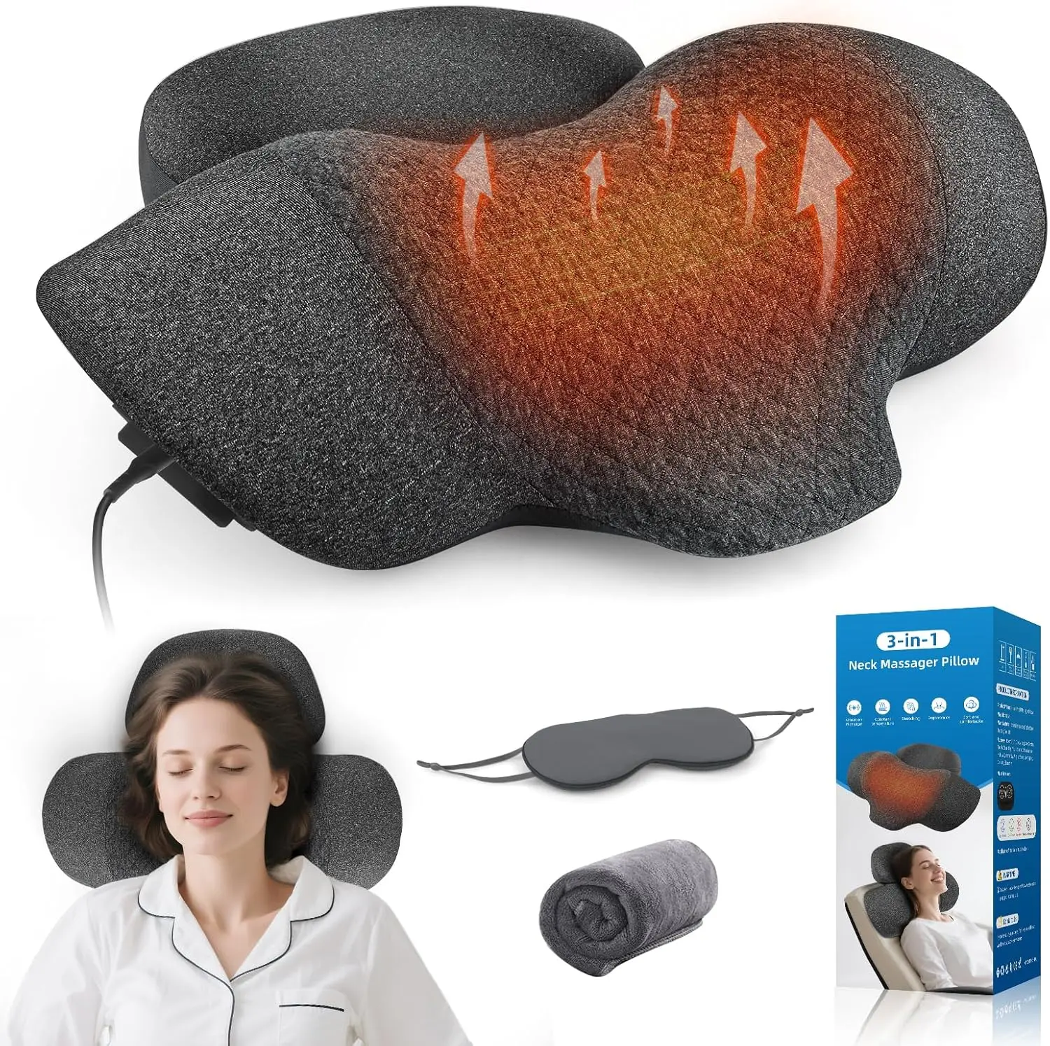 3 in 1 Neck Massager Pillow with Heat, Pillow Massage Neck Hump Support, Shiatsu Back Shoulder Massager with Kneading, Heating & Vibration for Relaxation and Comfort