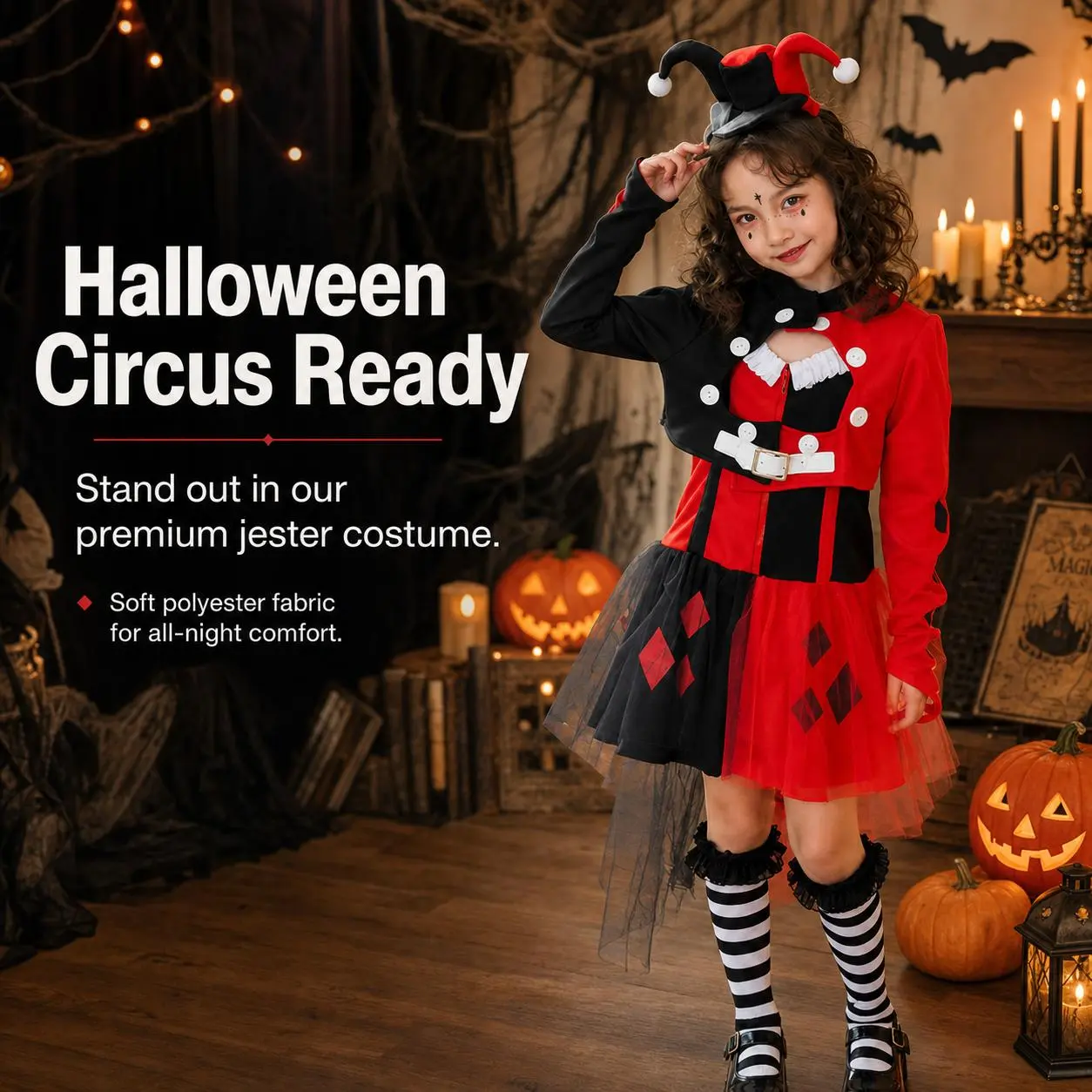 Women Girls Red Black Jester Clown Costume Set Long Sleeve Mesh Tulle Dress with Jester Hat Halloween Party Cosplay Outfit