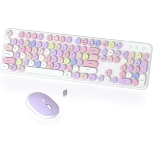 Computer Keyboard and  Combo,  Colorful Typewriter Retro Keyboard with Round Keycaps, USB Keyboard and  Set 2.4GHz Full-Size for Windows  PC Laptop(White-Colorful)