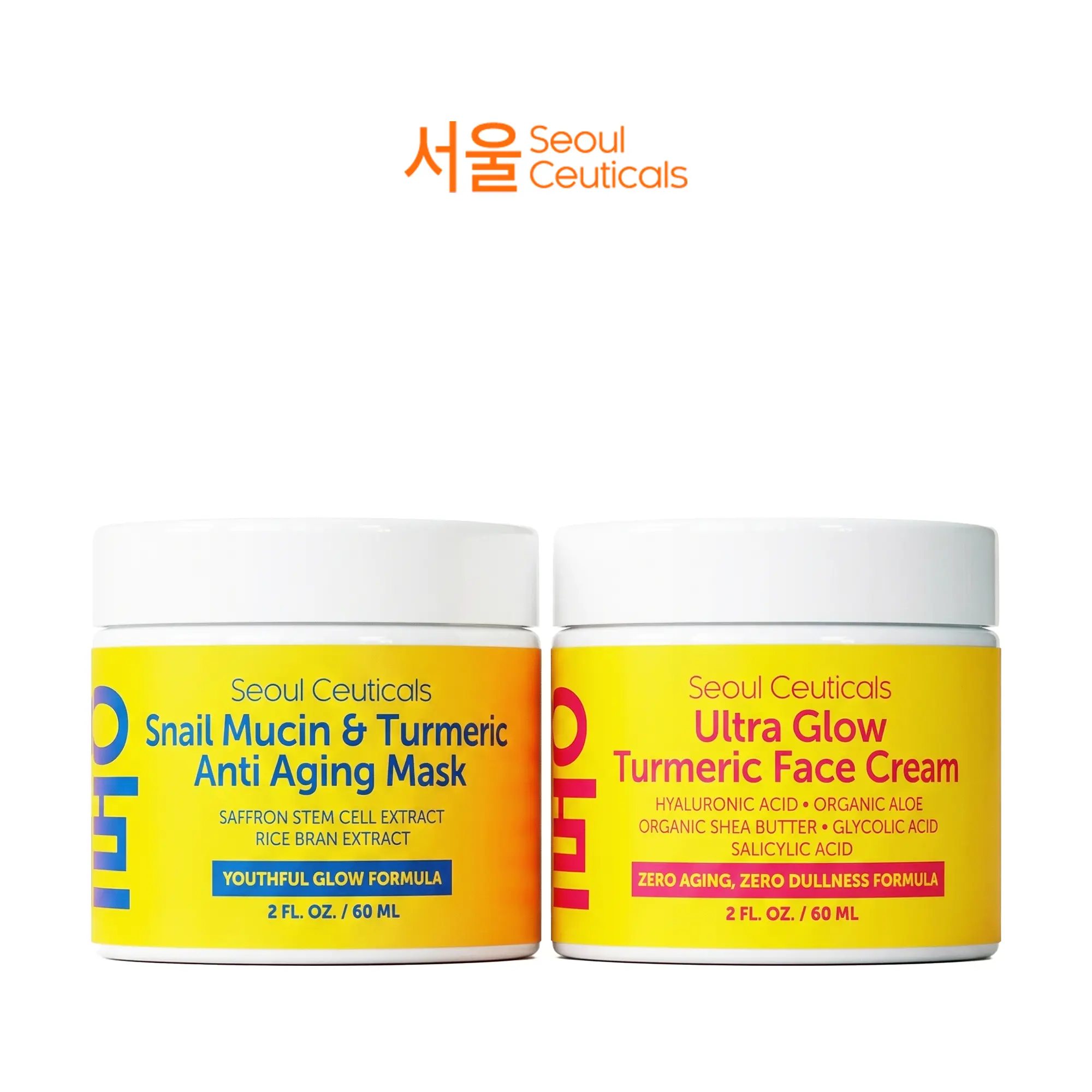 Turmeric Power Duo - K Beauty Korean Skincare Ultra Glow Turmeric Face Cream & Snail Mucin Turmeric Anti Aging Mask, Natural Moisture With Hyaluronic Acid Salicylic Acid Shea Butter Saffron Stem Cell Extract