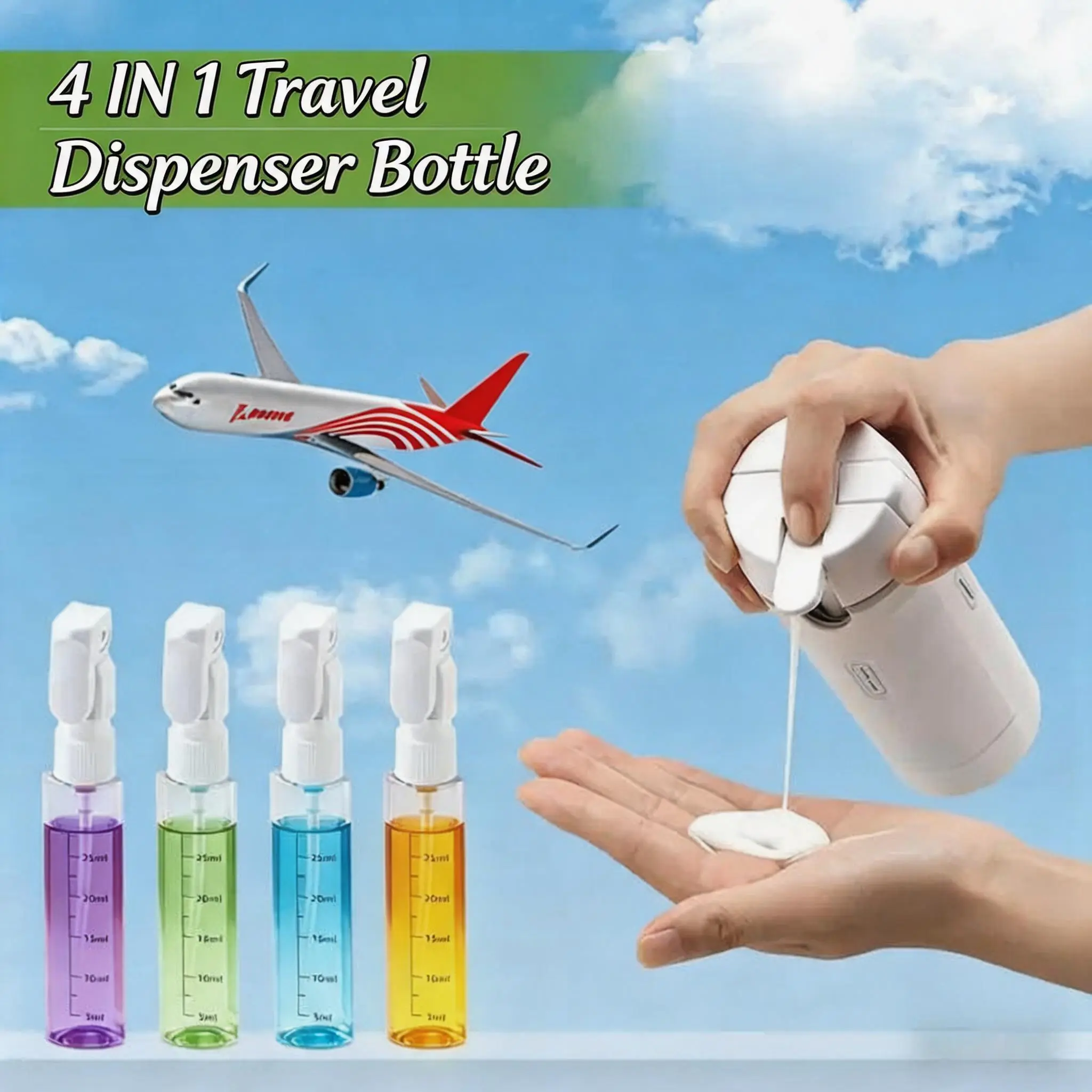 4-in-1 Travel Dispenser Bottle Leak-Proof Refillable Cosmetic Container Portable Lockable Toiletries Squeeze Bottle for Shampoo Lotion Conditioner Body Wash, Durable Space-Saving Mini Travel Accessories for Airplane Trip
