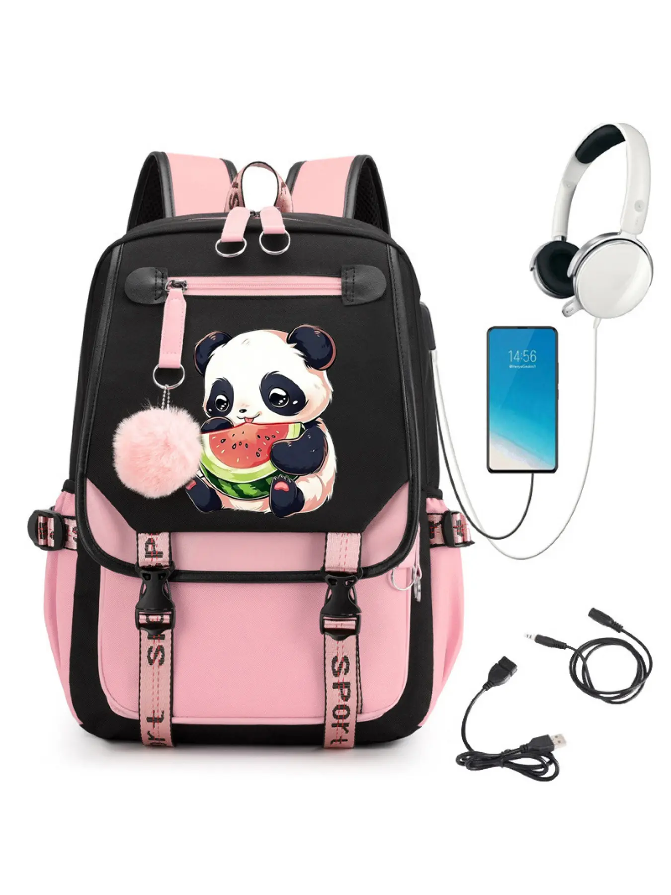 Cute Panda Watermelon Backpack for Girls, Large Capacity School Bag with USB Charging Port, Anti-Theft Travel Laptop Backpack, Kawaii Bookbag for Teen Students, Youth Backpack and Daily Use, Casual Printed Backpack