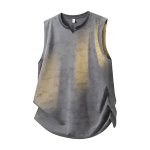 Men’s breathable sleeveless T-shirt/tank top for summer sports and casual wear, crew neck, tie-dye design, lightweight ice silk fabric, loose fit