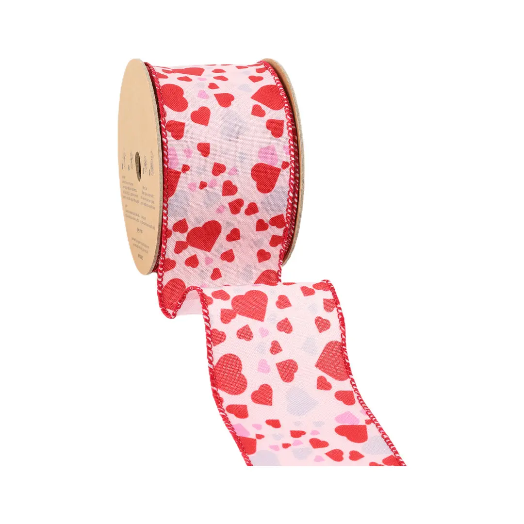 2 1/2" Wired Ribbon | Pink w/ Red/Pink/Allover Hearts 10 Yard Roll Valentine’s Day wrapping gifts Pink heart shape ribbon