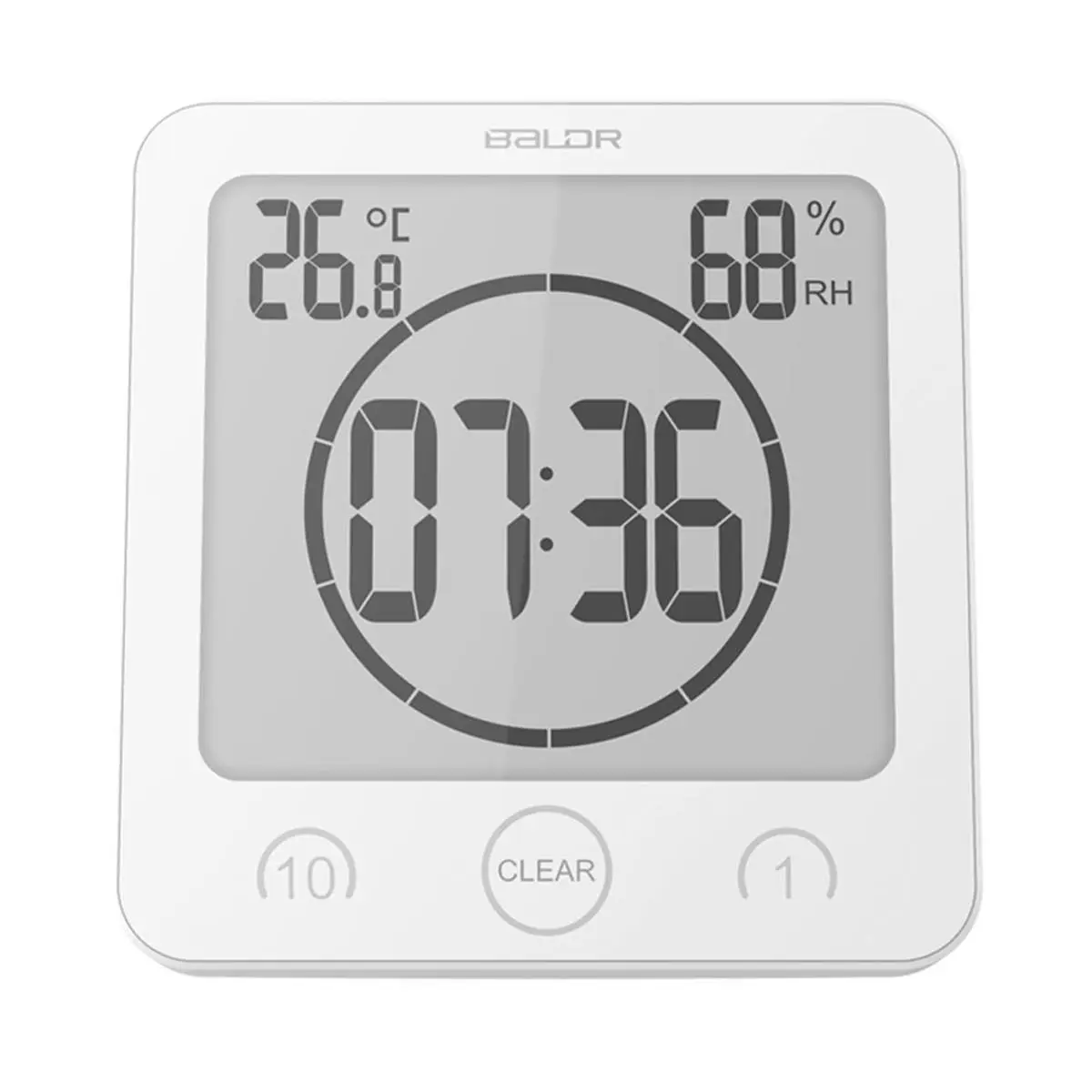 212 MAIN Baldr Digital Wall Clock - Ultra Compact Waterproof LCD Clock with Timer, Wall Mount Decorative White Home Decor Accessory for Shower