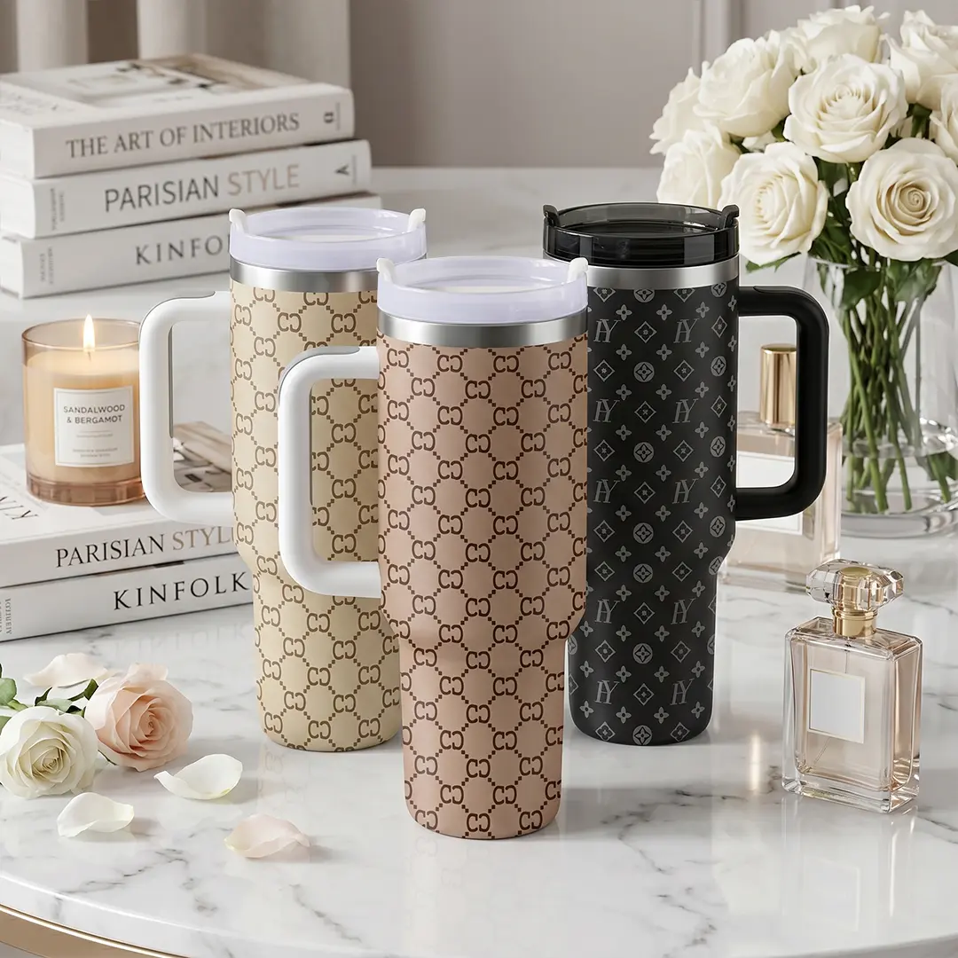 40oz Large Monogram Tumbler with Handle, Luxury Checkered Insulated Travel Mug, Big Capacity Stainless Steel Coffee Cup for Camping Road Trip