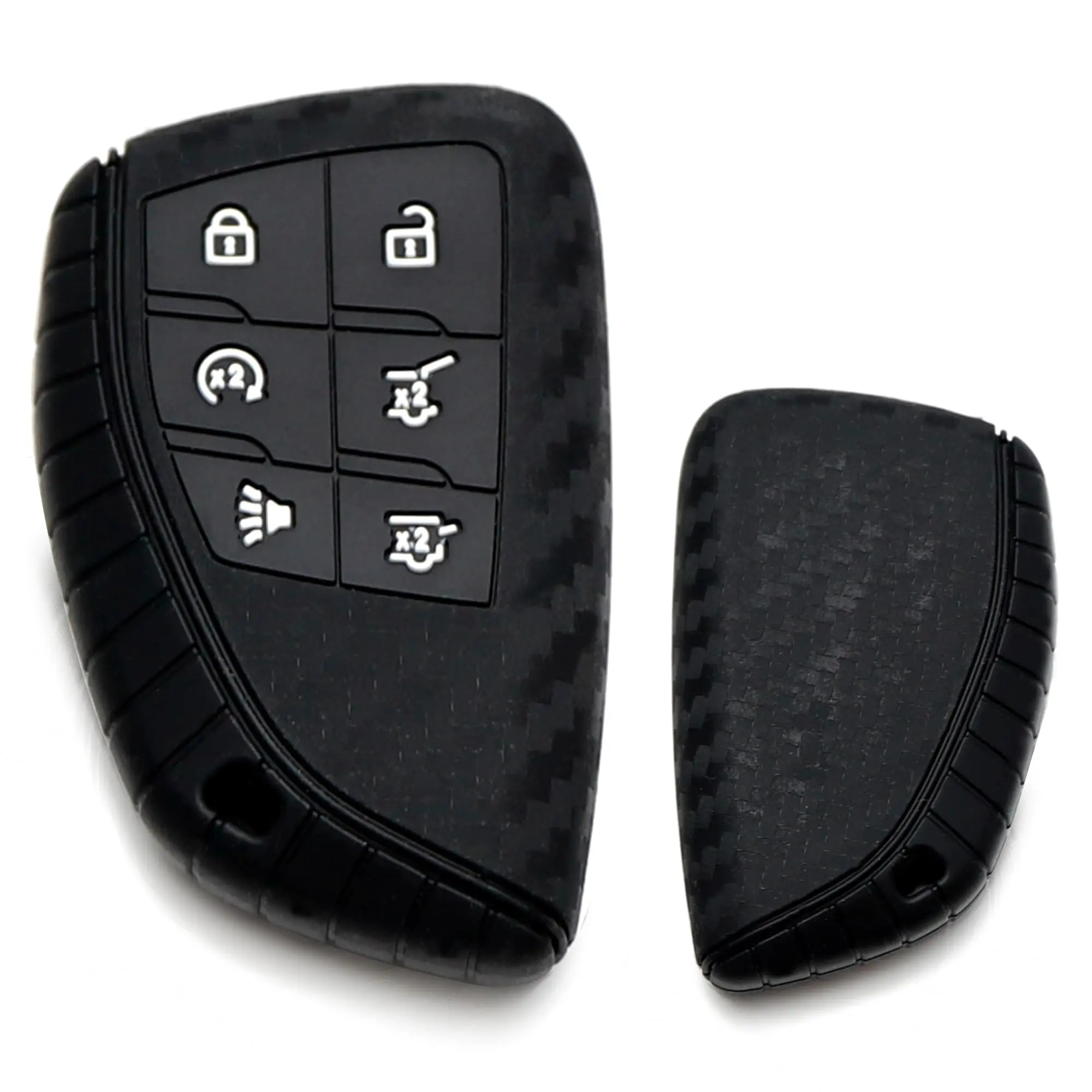 iJDMTOY Black Twill Weave Carbon Fiber Pattern Soft Silicone Key Fob Cover For 2021-up Chevrolet Suburban/Tahoe, GMC Yukon 6-Button Smart Key
