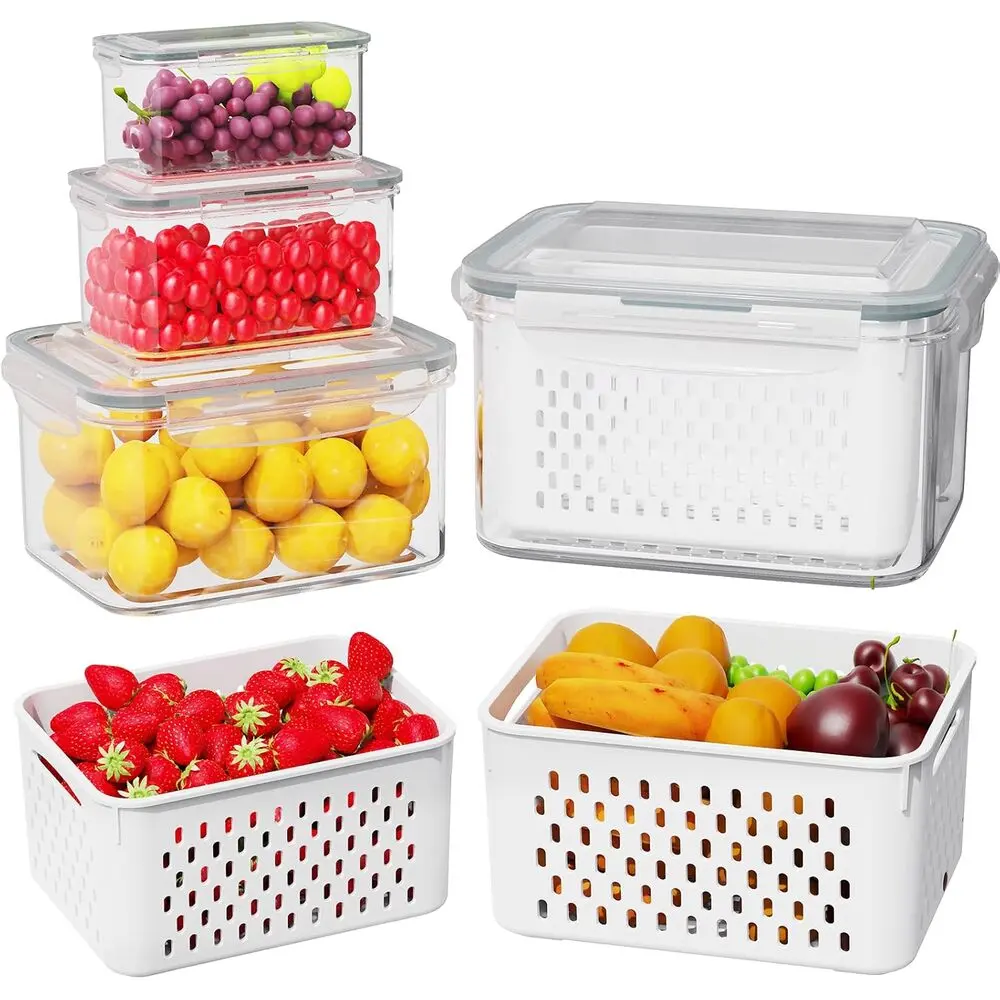 2/4/6 Pack BPA-Free Plastic Fridge Organizer Containers, Transparent Stackable Airtight Produce Keeper with Detachable Drain Basket for Organized Food Storage (Raspberry, Brussels Sprout, Garden Salad Use)