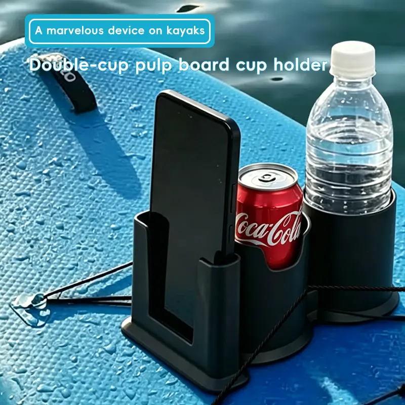 2-in-1 Plastic Kayak Cup Holder & Phone Stand - Waterproof Bottle Holder, Tether Strap Design for Fishing, Boats - Outdoor Water Sports Drink Accessories