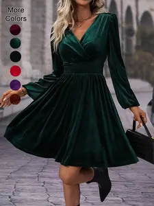 Velvet V Neck Long Sleeve Waist Cinching Solid Color Party Dress, Spring Festival Perfect Choice, Fitted Versatile Elegant Short Skirt