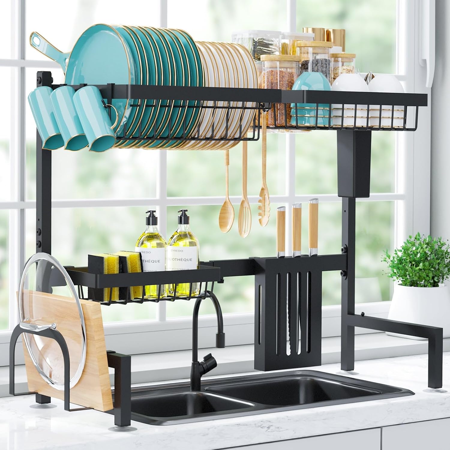 Over The Sink Dish Drying Rack - Adjustable 2 Tier Large Capacity Stainless Steel Drainer with Cutlery & Utensil Holders, Kitchen Storage & Organization, 30"-33.9" L x 11" W x 21.5" H, Black