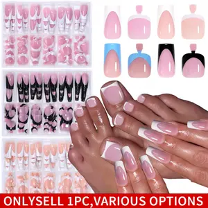 144pcs French hand and foot wear nail set summer short square shiny false toenail acrylic full coverage suitable for nail salon