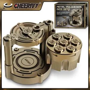 Spinning Golden Sliver Metal Polyhedral Dice Set of 7, Alloy Metal Dice Sets with Rotating Cylinder Container for DND,Cyberpunk Style Dice,Sci-Fi, Mystery Adventure Theme Tabletop Games For Aged 12 and Above,Stress Relief Toy