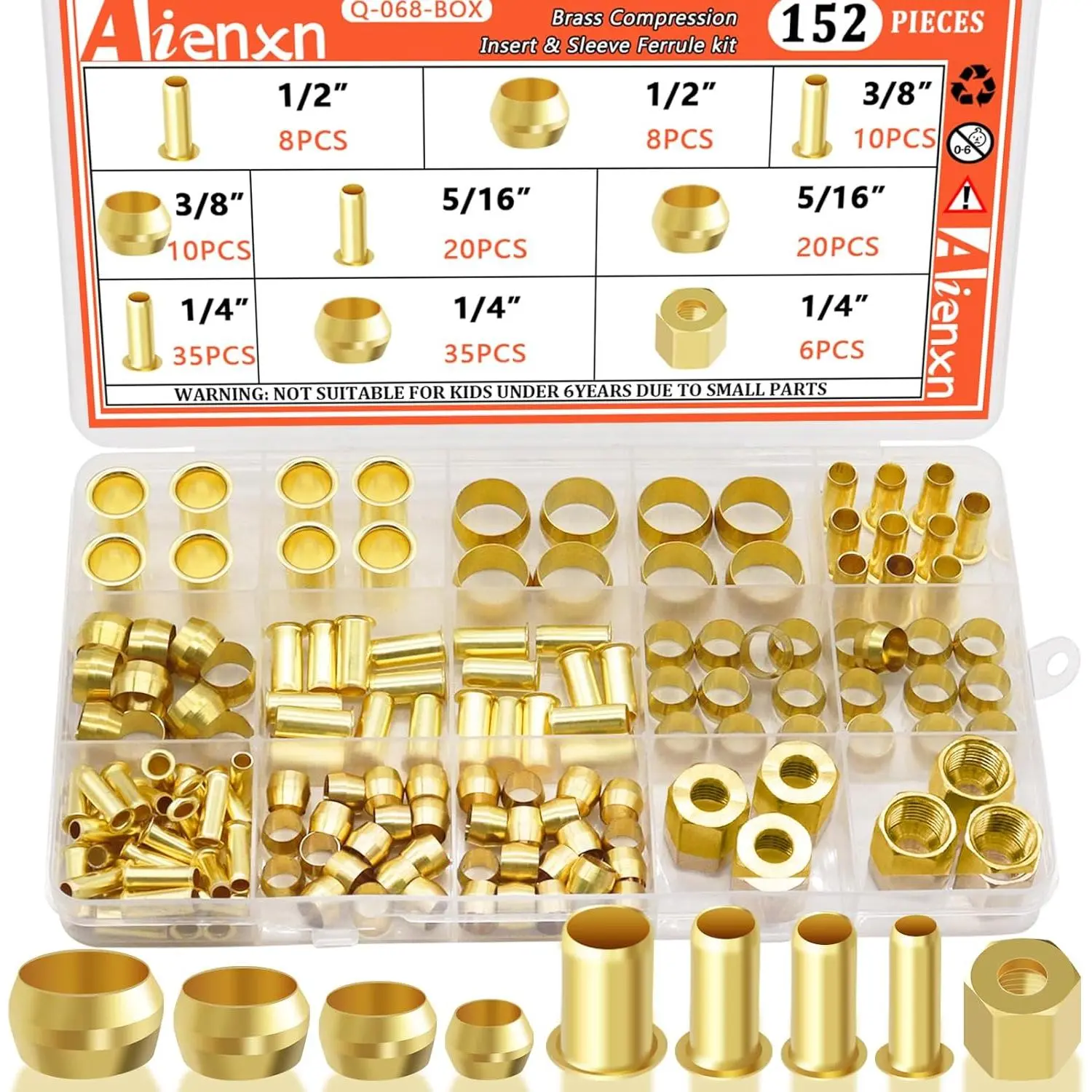 152PCS 4 Sizes Brass Compression Fittings Assortment kit- 1/2", 3/8", 5/16", 1/4" Insert, Sleeve Ferrule, Nut for Connecting air, Fuel, Water, Oil and inert Gases Lines