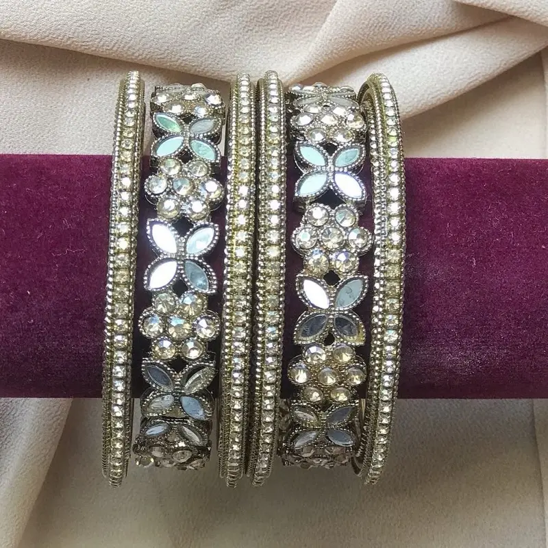 Set of 6 Pcs Oxidized Silver Mirror Bangles Set with Floral Design Bangles Kangan Bangle Set Indian & Pakistani Jewelry