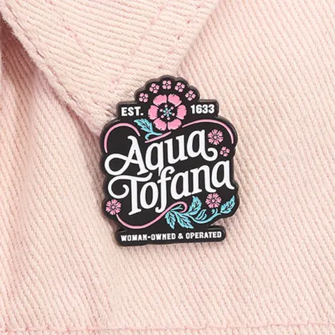 Funny Feminist Aqua Tofana Apothecary Enamel Pin Durable Metal Pins WOMAN OWNED OPERATED Flower Brooch Metal Brooch Alloy Brooch Pin Lapel Backpack Badge Jewelry Accessories Gift for Friends