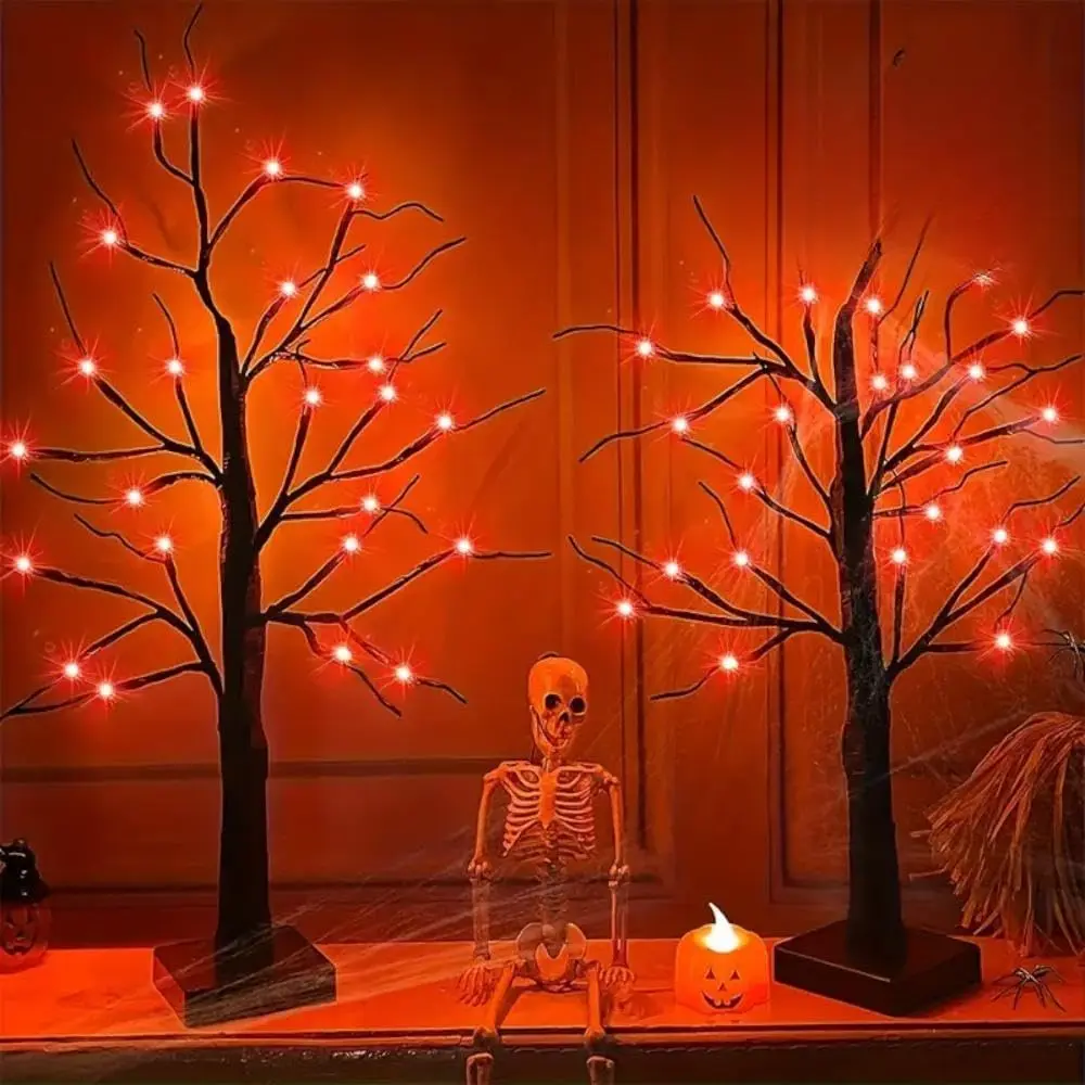 Hemasxing 2 Pack 24 Inch Pre-lit Black Halloween Tree with 48 Orange LED Lights,Battery Operated Spooky Tabletop Decorations for Indoor Fall Thanksgiving Party,Desk Mantel Fireplace Decor.