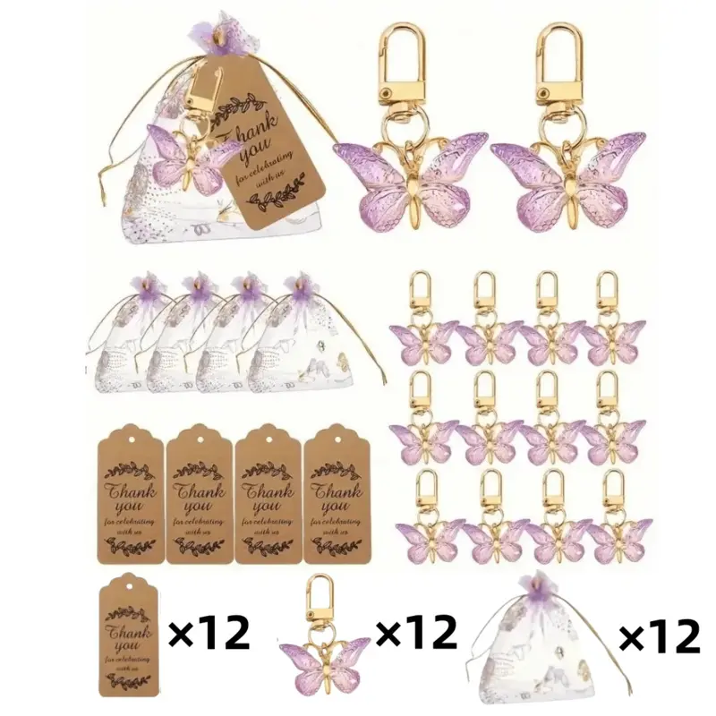 36PCS Butterfly Keychain Gift Set with Cards & Organza Bags, Keychain Decor, Bridal Shower Gift for Gender Reveal, Birthday Party Favors, Mini Gifts