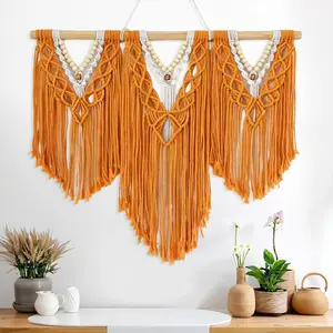 Youngeast Large Macrame Wall Hanging Beads Tassel Macrame Tapestry Boho Decor for Bedroom Wall Decor Dorm Living Room Wall Art 31.5" W X 27.5" H (Orange)