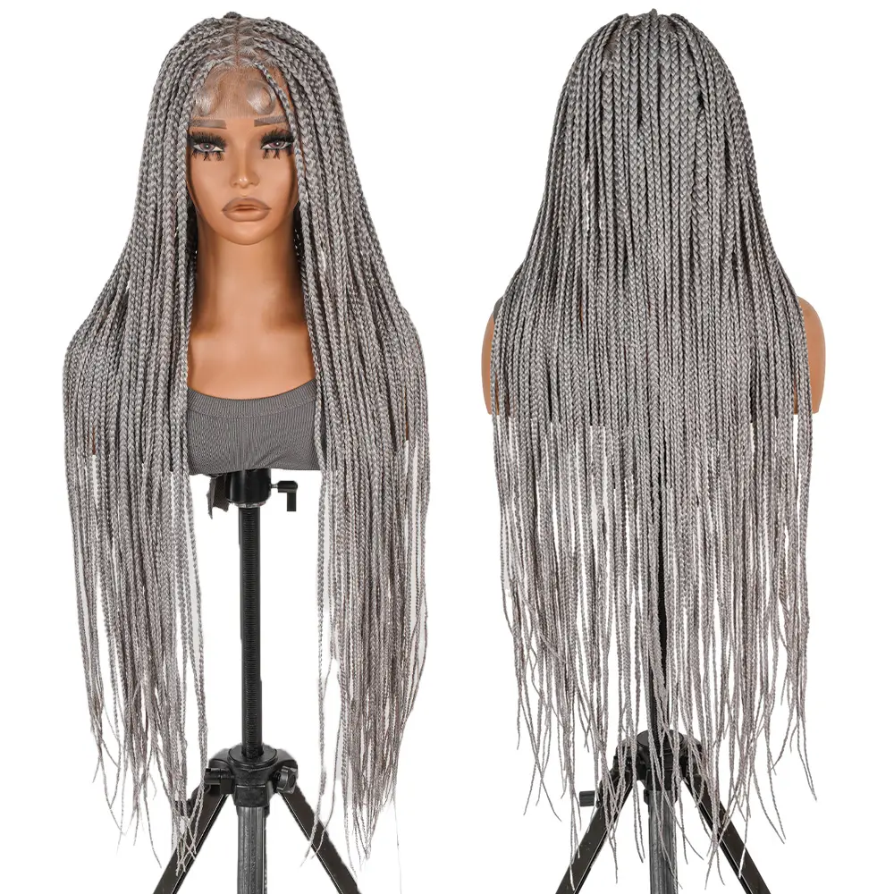 SuperNova #Grey 36" Knotless Box Braided Wig - Full Handmade, Premium Synthetic Fiber, Square Parting, Natural Look, Lightweight & Long-Lasting #SummerVibes Synthetic Hair Wigs Knotless Braids