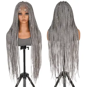 SuperNova #Grey 36" Knotless Box Braided Wig - Full Handmade, Premium Synthetic Fiber, Square Parting, Natural Look, Lightweight & Long-Lasting