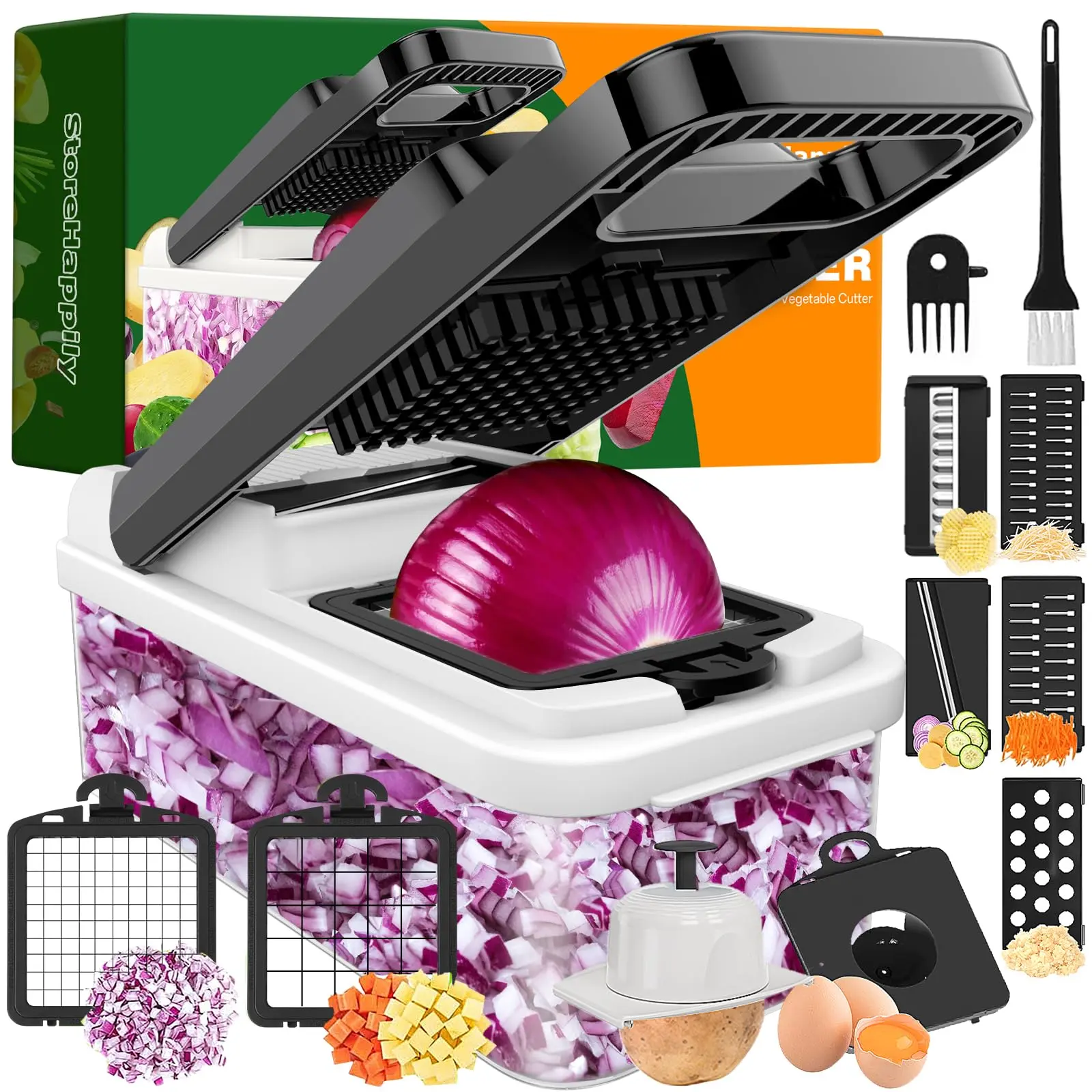 12-in-1 Modern Multifunctional Vegetable Chopper Complete Kit - 7 Blades, Large Food Storage Box with Lid, Dicer, Slicer, Handle - Kitchen Utensil for Home Cooking, Fast Meal Prep, Onion Cutter, 7 Replaceable Blades, Cleaning Brush