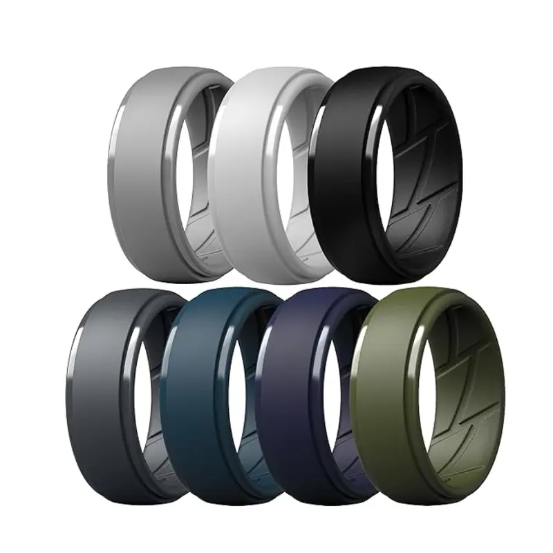 Men's Silicone Circle Ring Bands 7-Pack - 10mm Ergonomic, 2.5mm Width Workout Rings with Inner Arc, Breathable Design, Athleisure Adjustable Men's Gifts Ideas Finger Jewelry for Gym, Construction