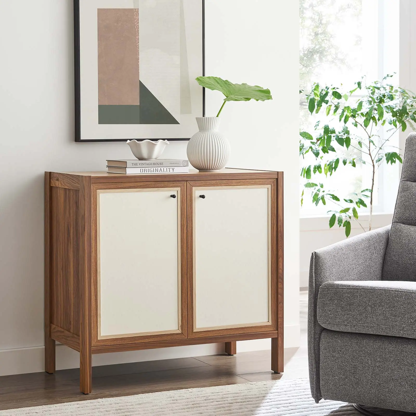 Modway 33" Walnut Wood Grain Storage Cabinet - Modern DIY Dresser, Renter-Friendly Indoor Furniture for Dining Room Buffet & Living Room Use