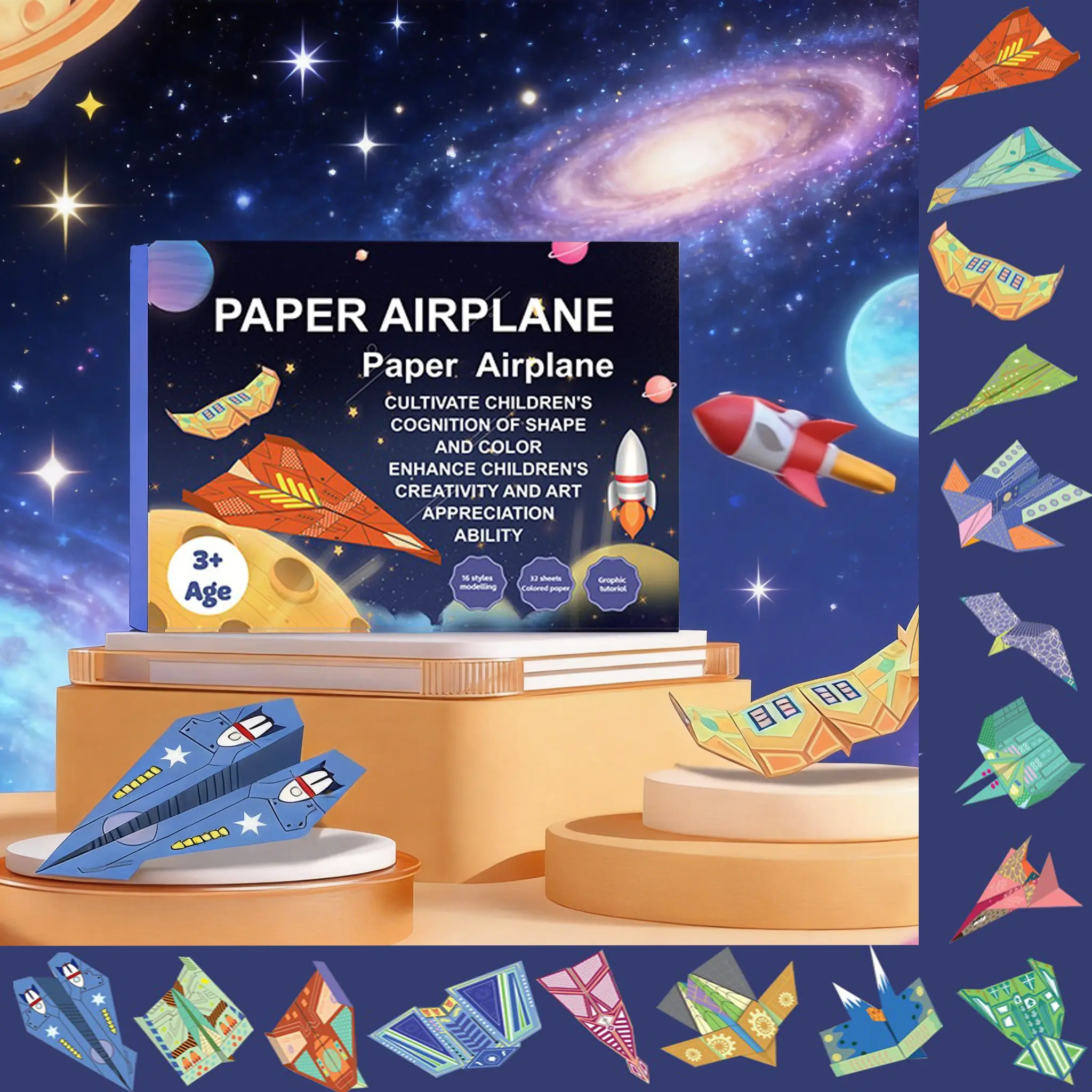 DIY Paper Airplane Book Kit - Educational Colored Paper Papercraft with 16 Creative Folding Designs, 32 Colored Sheets, Video Tutorials, Flight Principles, STEM Skills, 10.3x8.1in Craft Kit for Ages 6-12+ Great STEM Gift for Boys and Girls