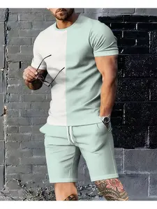 Men's Summer Mint Green and White Color-Blocked Short-Sleeve Shirt and Shorts Set – Simple, Casual, and Sporty Two-Piece Set for Everyday Commuting