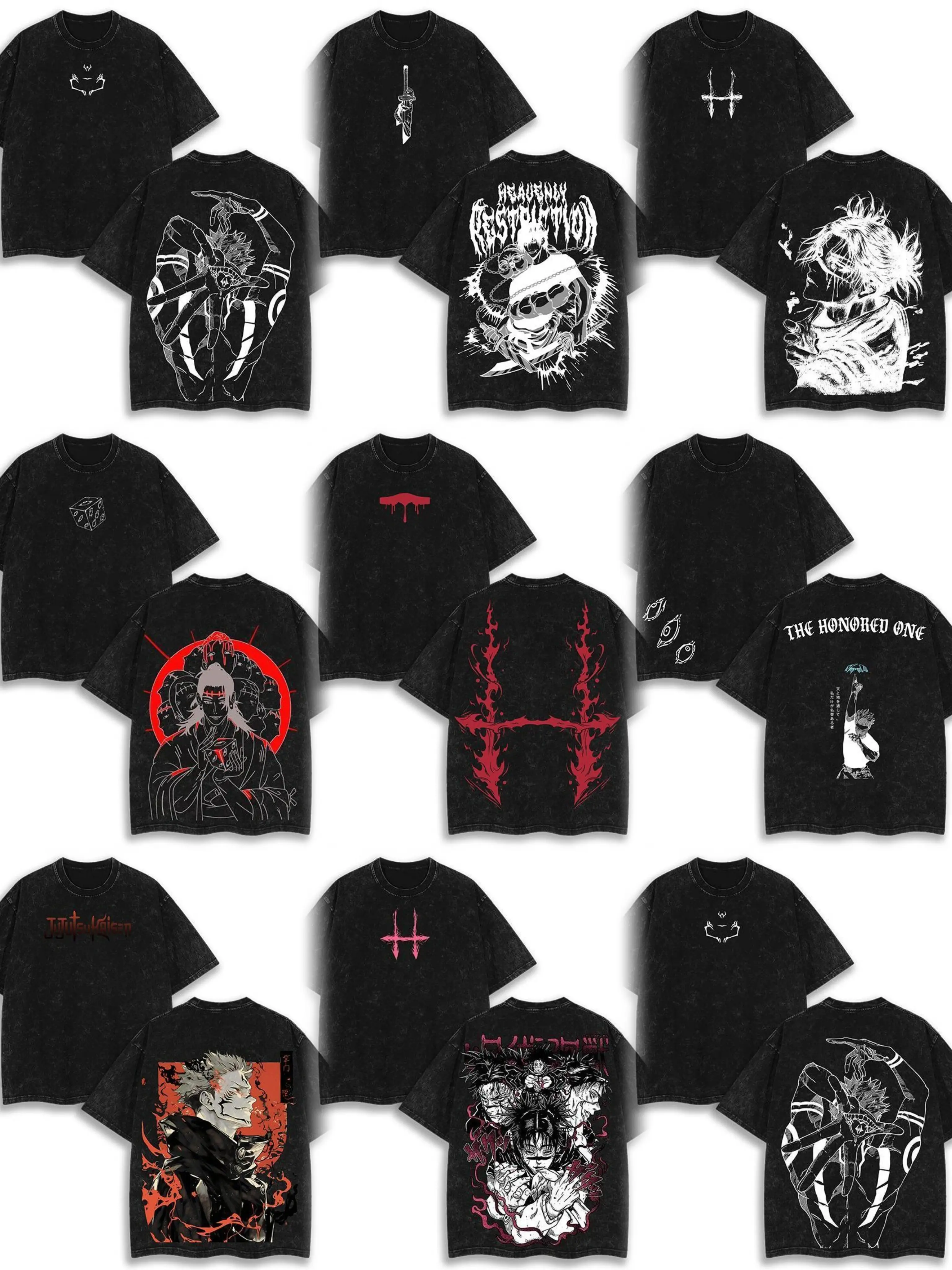 Jujutsu Kaisen Inspired Vintage Washed Graphic T Shirt,Anime Streetwear Tee for Men, Sukuna Gojo Cursed Energy Character Artwork Print, JJK Sorcerer Design,Oversized Acid Wash Black Short Sleeve Shirt, Retro Y2K Fashion Clothing for Anime Fans