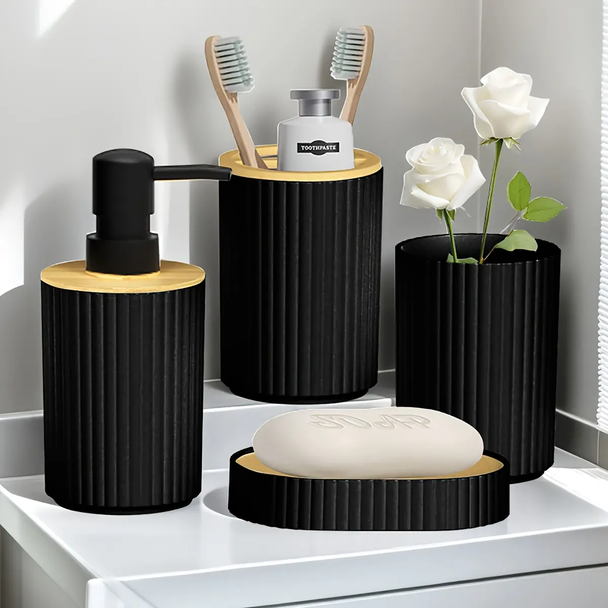 4-piece bathroom accessory set: countertop hand soap bottle, toothbrush holder, soap box, bathroom storage set, and equipment stand, Bathroom Essentials Accessories, Bathroom Upgrade Kit, Restroom Accessories, Bathroom Organization