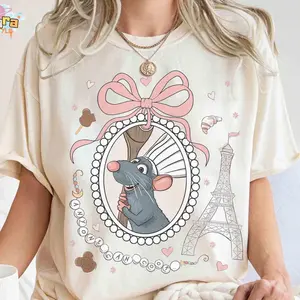 Retro 90s Coquette Bow Disneyworld Ratatouille Remy Tee, Anyone Can Cook Quote, Paris France Gusteau's Design, Girly Disneyworld Fan Shirt