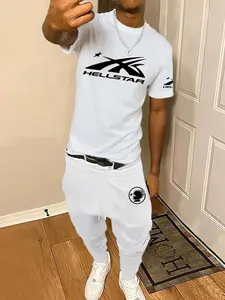 Men's Y2K Street Style Graphic Print Tee & Drawstring Waist Sweatpants Two-Piece Set, Regular Fit Round Neck Short Sleeve T-shirt & Pocket Jogger Pants, Casual Fashion Cozy Breathable Men Two-Piece Outfits for All Seasons Menswear