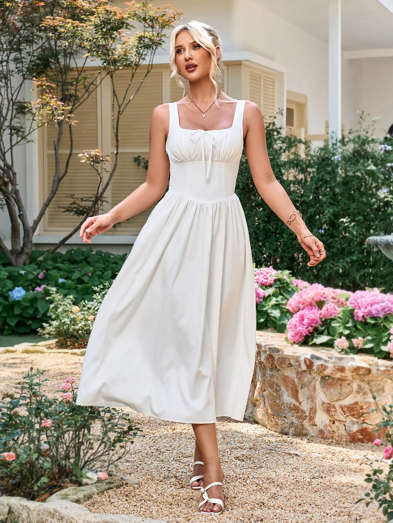 Square Neck Backless Ruched Tie Front Smocking A-line Dress,Elegant Women's Summer Party Holiday Dress
