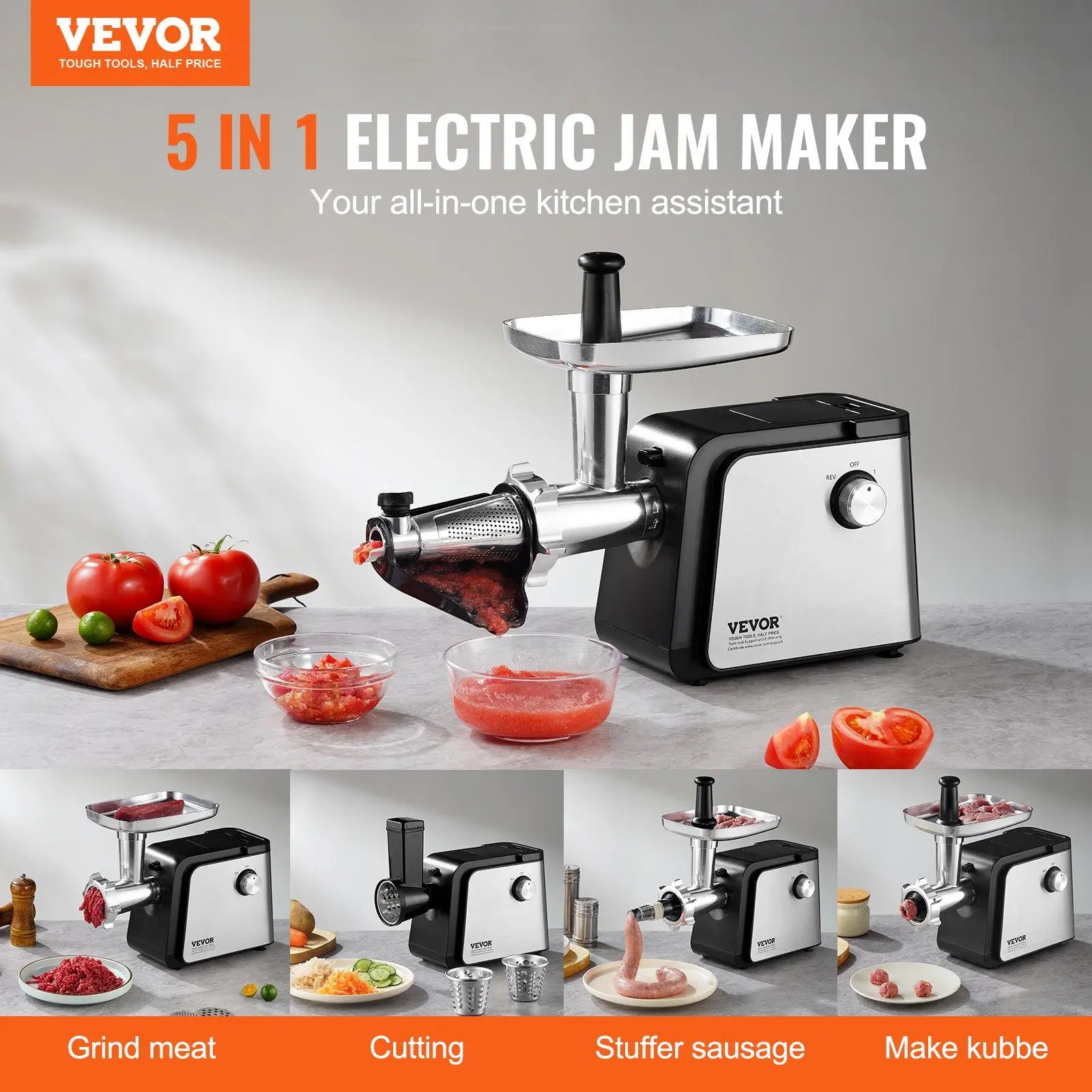 VEVOR 500W Electric Tomato Strainer, 4.9 LBS/Min Tomato Sauce Maker Machine with 5 in 1 Function, 3 Cutting Plates, Easy to Clean, Heat Resistance & Humanized Details for Home Use, Kitchen