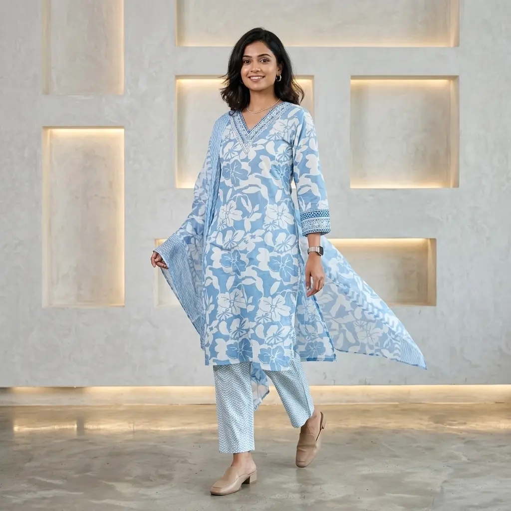 Straight-cut with a V-neck design kurta set