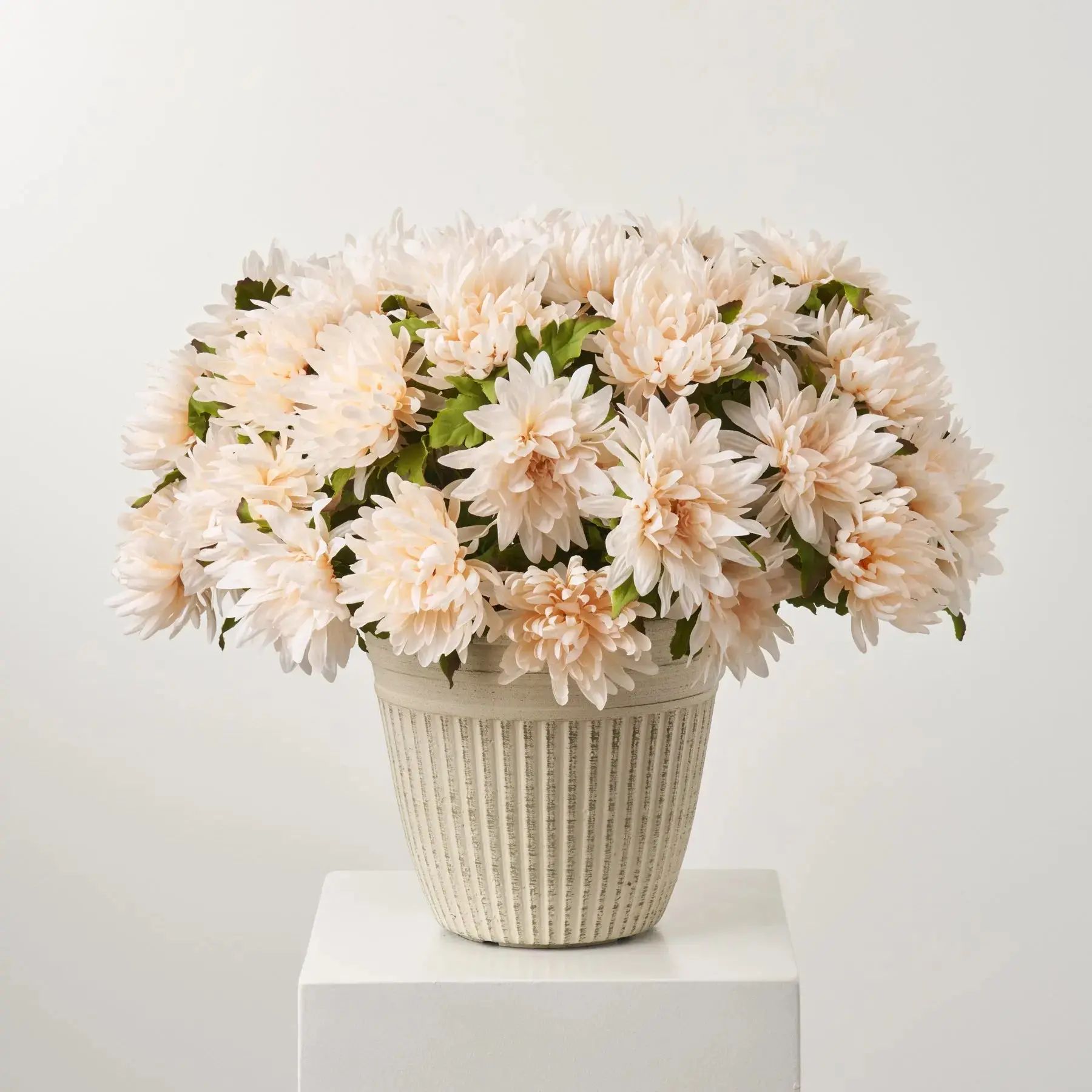 Large Scale Artificial Flower Arrangements - 24x24x20in Sweet Cream Mixed Dahlia & Mum Blooms, Handcrafted Art Potted Fake Florals with Potted Base, Faux Decor for Outdoor Porch Fall Urn Filler