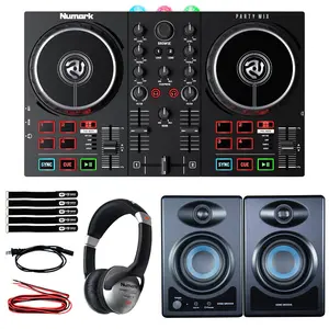 Numark Party Mix II Built-In Light Show DJ Controller with 3.5" Desktop Monitor Speakers Package