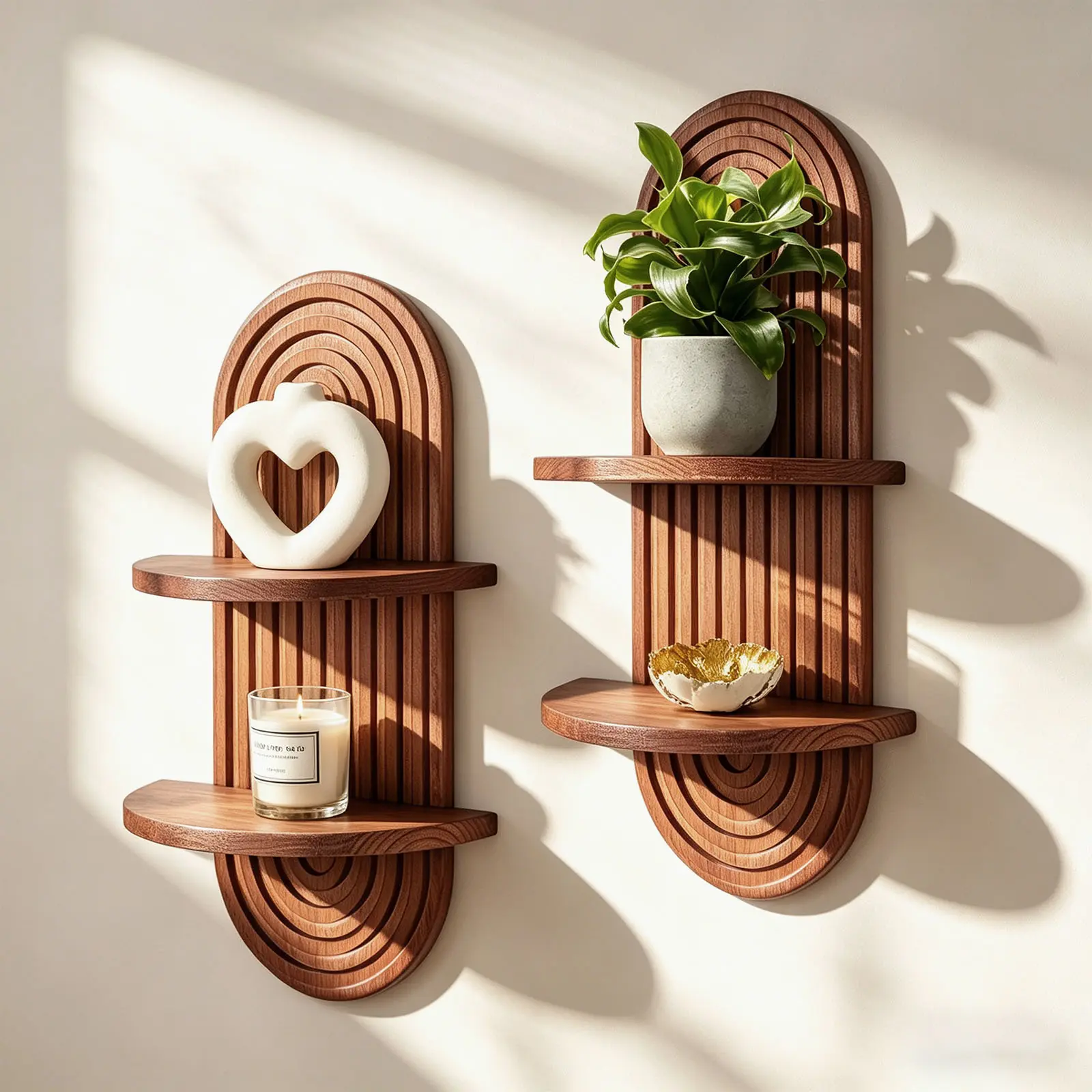 2 Pieces Boho Wall Shelf, Mid Century Shelves, Double Shelves, Decorative Bohemian Rainbow Hanging Shelves for Bathroom, Bedroom, Kitchen, Living Room, Laundry Room (Coffee Color)