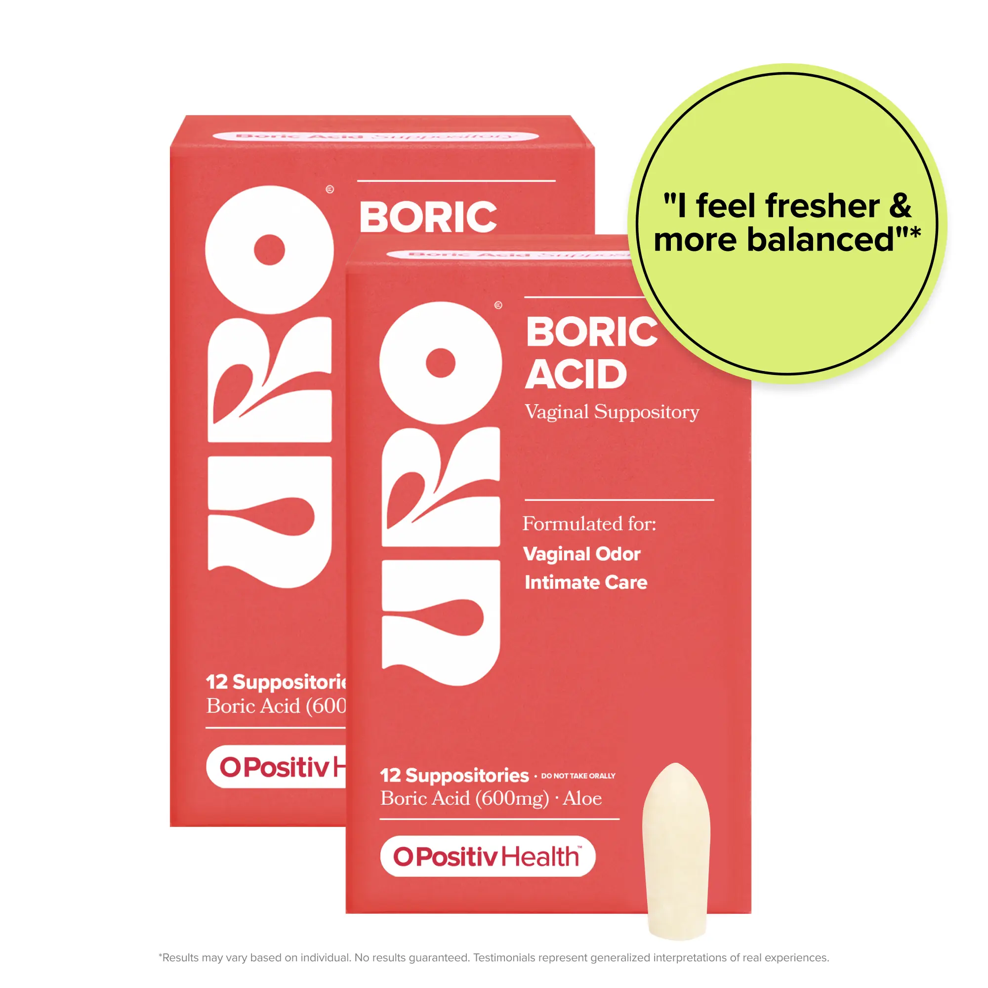 URO Boric Acid Vaginal Suppositories (2-Pack) – pH Balance & Freshness Support with Lactic Acid & Aloe – Vegan, Paraben-Free, Fragrance-Free