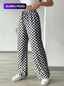 Women's All Over Geometric Checkerboard Print Drawstring Waist Straight Leg Pants, Casual Comfy High Waist Trousers for Daily Wear, Ladies Everyday Bottoms for All Seasons, Womenswear